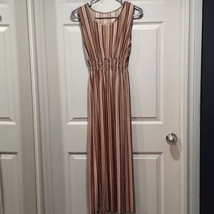 Vertical brown and white strip maxi dress